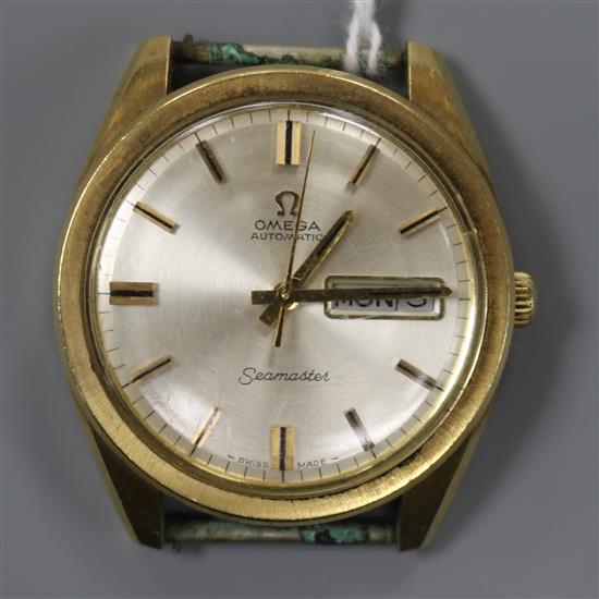 A gentlemans steel and gold plated Omega Seamaster automatic wrist watch, with day.date aperture, no strap, with Omega box.